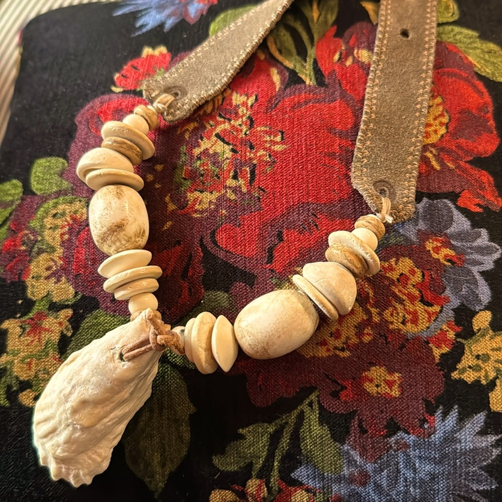 Twine & Twig Shell Necklace with chocolate brown leather strap.